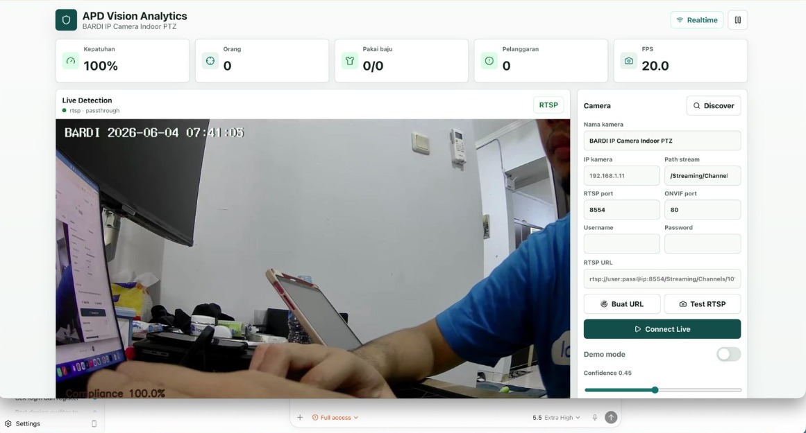 NFVision live dashboard using an existing BARDI IP camera feed for real-time analytics.