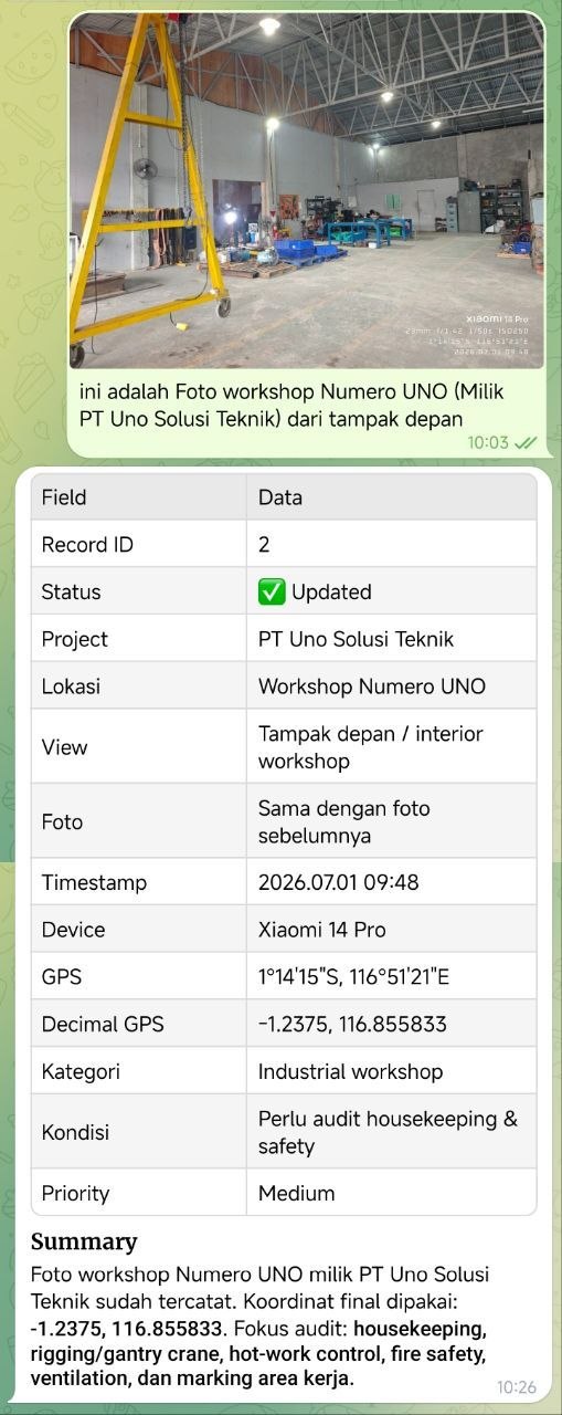 Example field evidence from Workshop Numero UNO showing a workshop photo with timestamp, device, GPS coordinates, category, condition, and priority fields.